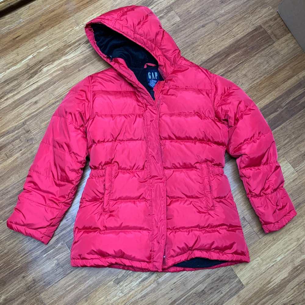 Gap Womens Red Down Puffer Jacket Hooded Fleece Lined Quilted Coat Large 123425
